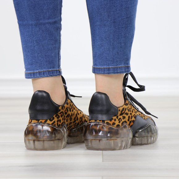 Animal Leopard Print Women's Fashion Chunky Heel Sneakers Shoes - Picture 6 of 15